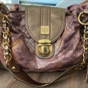 Sharif 1827 tassel shoulder bag, leather trim, mauve and gold